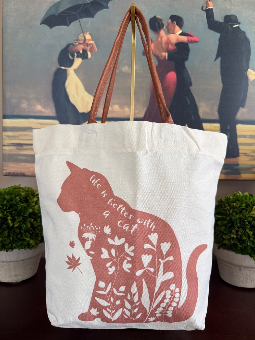 CREAM CANVAS 🐈CAT🐈 "Life is better with a cat" BOTANICAL TOTE BAG 🌟NWT🌟